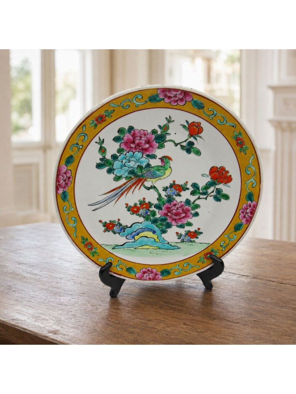 Vintage Japanese Imari Style Porcelain Bird & Peony Plate Yellow Border 10.7"